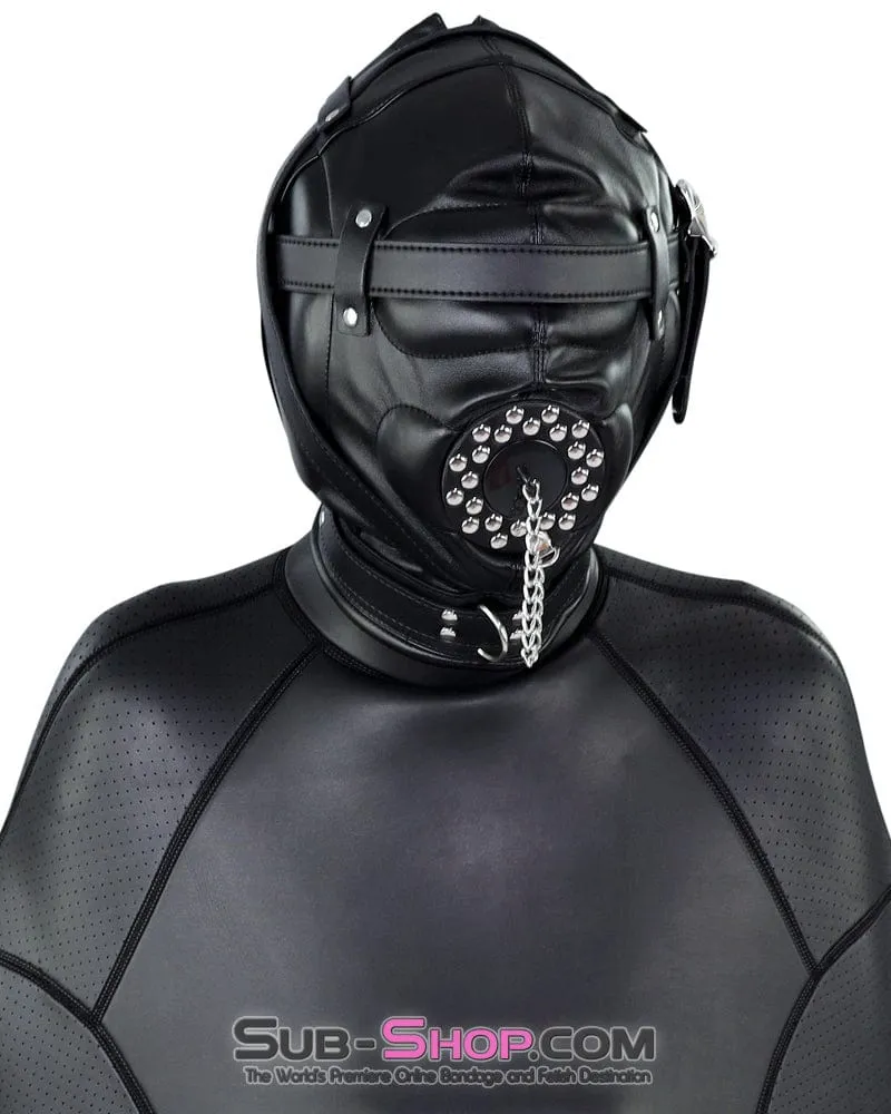 0193SM      Complete Captive Locking Sensory Deprivation Hood with Open Mouth Plug Gag