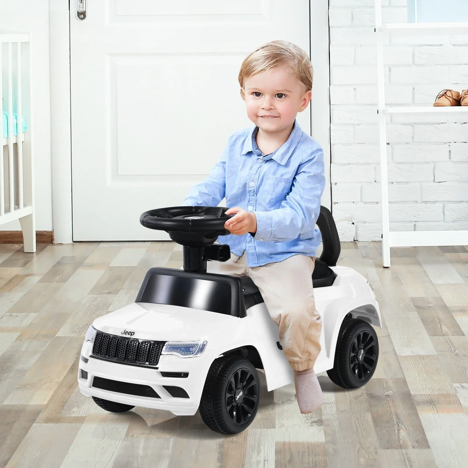 3-In-1 Kids Ride-On Push Car with Adjustable Visor-White