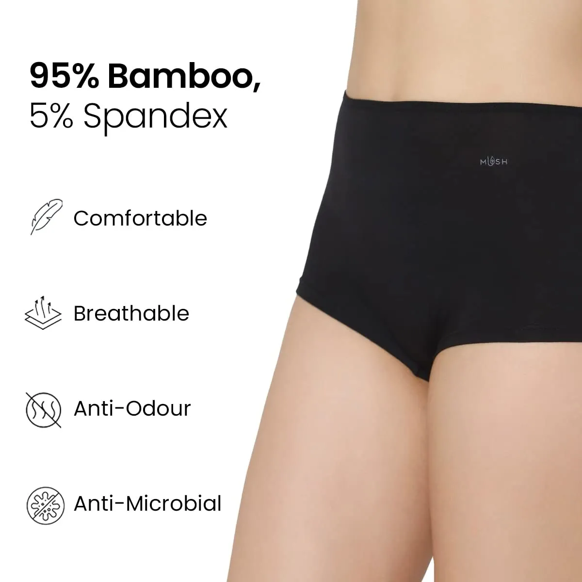 Mush Bamboo Boyshort Panties for Women | Ultra Soft Bamboo Underwear for Women | Breathable, Anti-Odor, Seamless Pack of 3 (M, Black Peach and Beige)