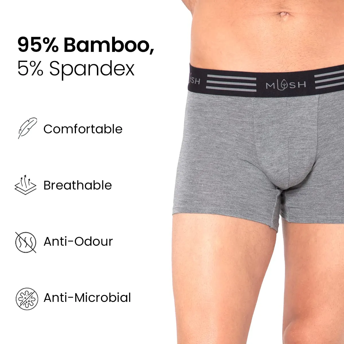 Mush Ultra Soft, Breathable, Feather Light Men's Bamboo Trunk || Naturally Anti-Odor and Anti-Microbial Bamboo Innerwear Pack of 3 (L, Grey)