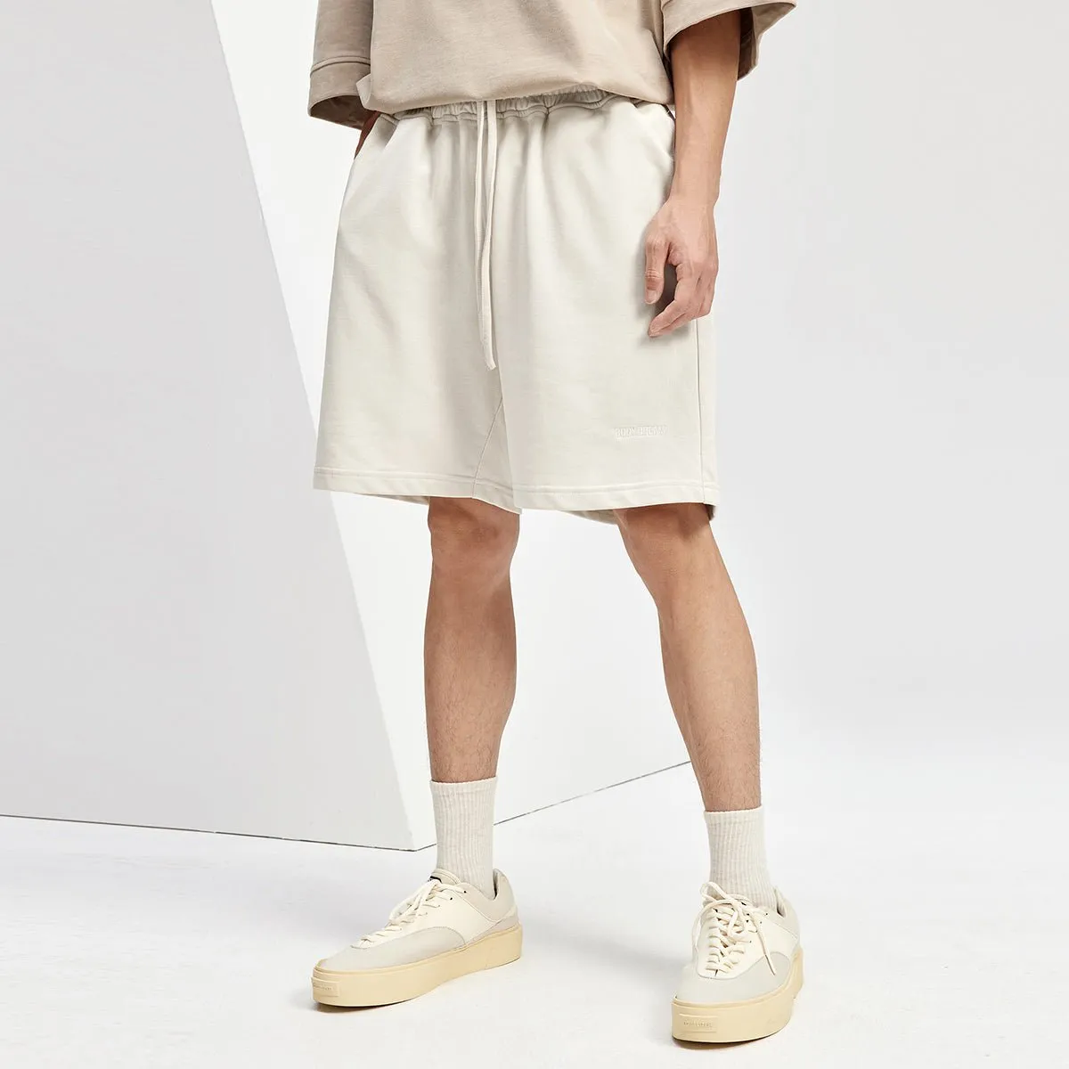 Straight-Leg Logo-Embroidered Extended Drawcord Apricot Sweat Shorts